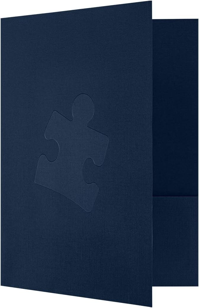 LUXPaper 9" x 12" Presentation Folders | Two Pocket | Embossed Puzzle Piece | Nautical Blue Linen | 100lb. Cover | 25 Qty