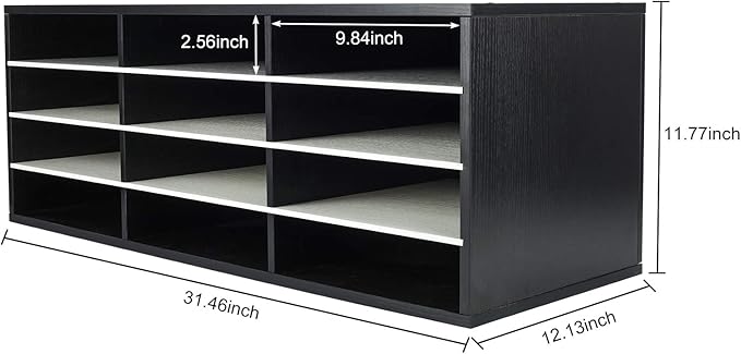 PAG Mail Sorter, Wood Countertop Literature Organizer, Student Mailbox for Classroom, Desktop Bill Paper Organizer for Office Home School, 12 Compartments, Black & White