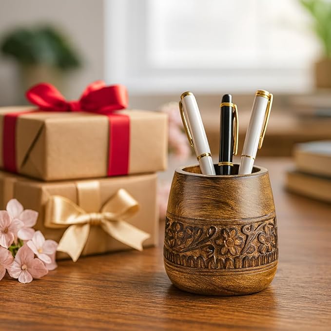 Mie Creations Designer Pencil Holder for Desk Wood | Wooden Pen Stand, Paintbrush Cup, Desk Accessories, Cute Make Up Brush Organizers | Office Desktop Stationery, Christmas Holidays Gift- 4'' Brown