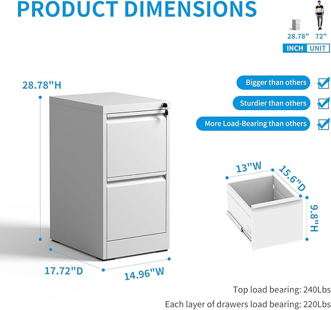 2 Drawer File Cabinet with Lock, Metal Vertical Filing Cabinet for Home Office, Narrow Locking Steel File Cabinets with Drawers, Storage for Legal/Letter/A4/F4, Easy Assemble (White)