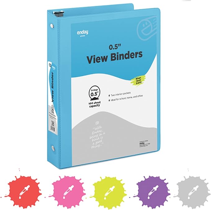 ½ Inch 3 Ring Binder .5 inch Blue Clear View Cover with 2 Inside Pockets, Colored School Supplies Office and Home Binders – by Enday
