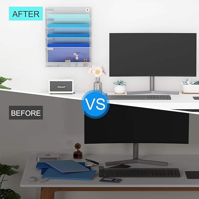 Wall File Organizer Holder Mesh Hanging Paper Document Holder, Vertical 6 Pocket Tier for Office Home, Silver