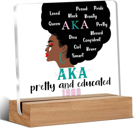 Aka Sorority Gifts for Women, Aka Paraphernalia Acrylic Plaque Gift, Alpha Kappa Alpha Sorority Gifts, Pretty and Educated AKA Desk Signs Decor 4 × 4 Inches