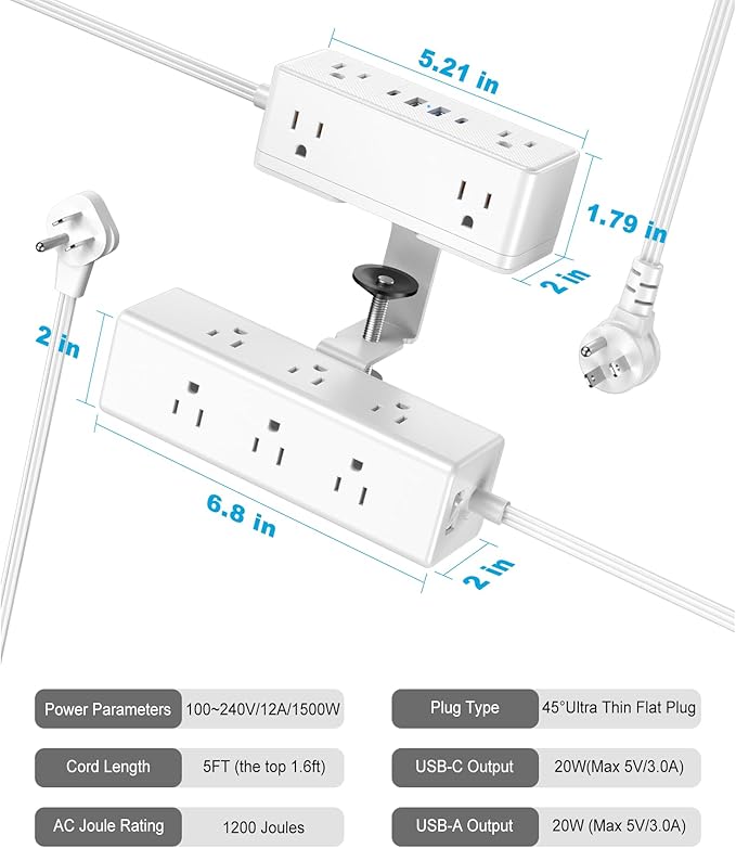 Dual Layer Desk Clamp Power Strip, 19 in 1 Desktop Edge Mount Surge Protector with 4 USB Ports(2 USB-C) & 15 AC Outlets, Ultra Thin Flat Plug & 5FT Power Cord for Office Home(ETL Listed)