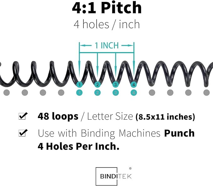 Binditek 50 Pack Plastic Spiral Binding Coils, 30mm (1-3/16"), 260 Sheet Capacity, 4:1 Pitch, Black, 48 Loops, for Letter Size, for Students and Coworkers