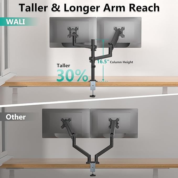 WALI Dual Monitor Mount, 13-32 Inch Adjustable Spring Dual Monitor Arm for Desk Holds Max 19.8 lbs Screens, Swivel Vesa Bracket with C Clamp, Grommet Mounting, Monitor Arms for 2 Monitors (GSDM002)