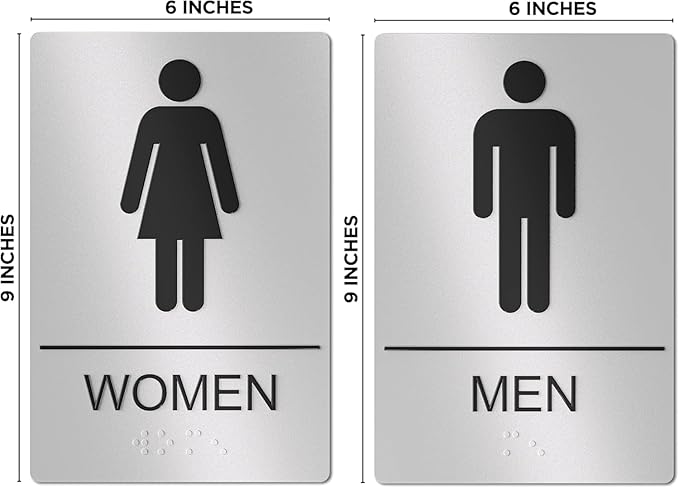 Unisex Bathroom Signs, Restroom Sign For Business - For Men and Women - 10 Pack - 9" by 6" - ADA Compliant with Braille - Strong Double-Sided Adhesives Included - Apply to Office, Home, Public Door/Wall