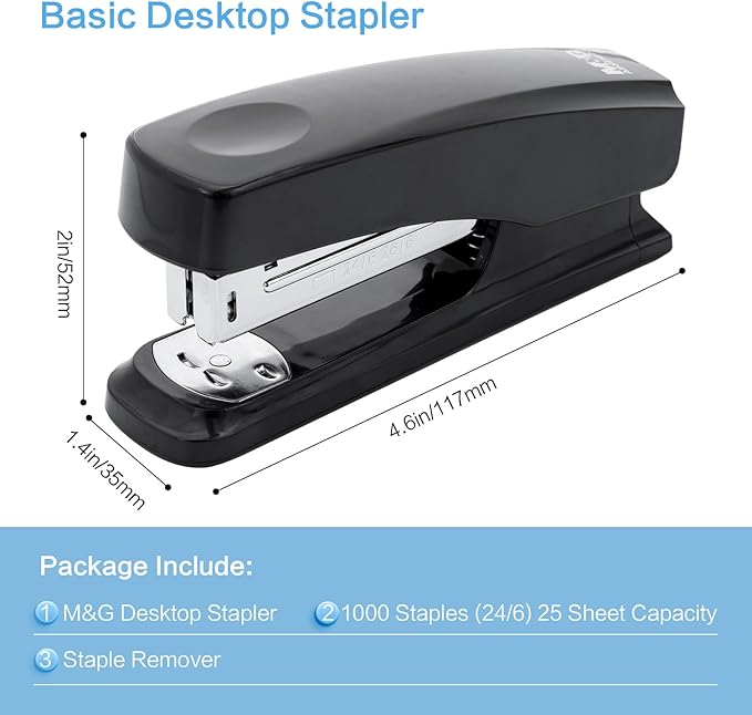 M&G Desktop Stapler with 25 Sheet Capacity, Two Binding Modes, Basic Stapler Set with 1000 Staples and Remover, Durable Staplers for Office School Home (Black)