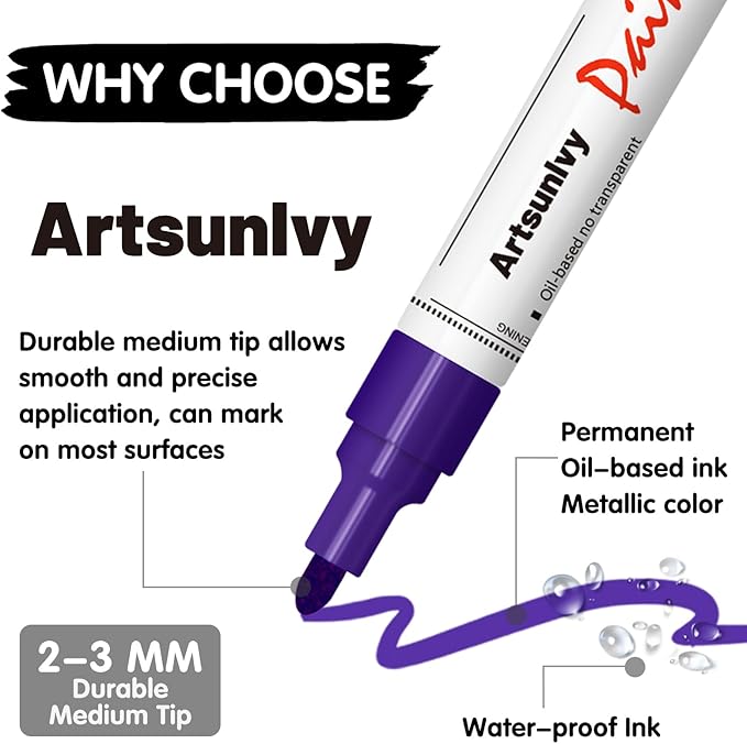Purple Paint Pens Permanent Markers - 2 Pack Paint Markers for Metal, Rubber,Wood, Rocks, Canvas, Plastic, Dark Surface, Craft Art Supplies, Medium Tip, Quick Dry, Waterproof