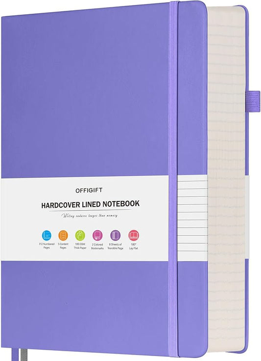 Lined Notebook Journal for Women Men, Large A5 College Ruled Notebook, 312 Numbered Pages Notebooks for Work, 100gsm Paper Daily Journal, Hardcover Vegan Leather Journals for Writing Office, Purple