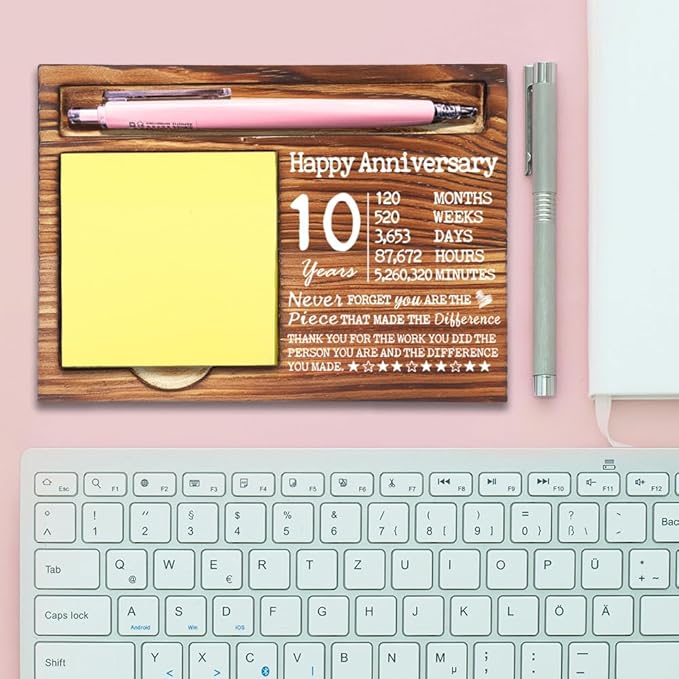 10 Year Work Anniversary Cute Gift for Employee, Thank You Appreciation Gifts for Coworkers Staff, 10th Work Anniversary for Her Him, Happy Anniversary Office Self-Stick Note Pad Holders-DW13