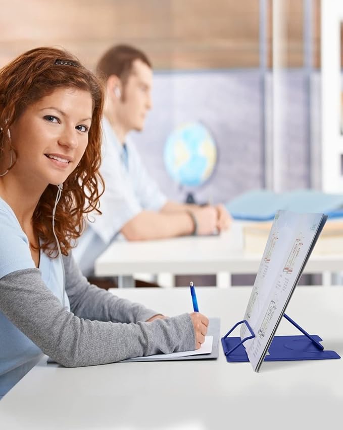 MSDADA Desk Book Stand Metal Reading Rest Book Holder Adjustable Cookbook Documents Holder Portable Sturdy Bookstands for Recipes Textbooks Tablet Music Books with Page Clips(Sapphire Blue)