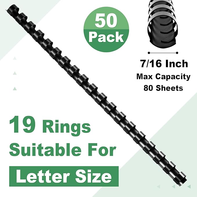 HOUYEE 19 Ring Black Plastic Binding Comb,7/16 Inch Diameter,80 Sheets Capacity,Letter Size,50 Pack