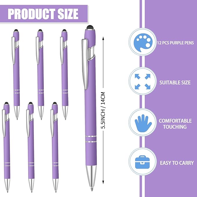 12 Pcs Blue Ink Ballpoint Pen with Stylus Tip, 1.0 mm Metal Pen Stylus Pen for Touch Screens, 2 in 1 Thank You Pen Gift for Friends, Colleagues, Coworker, Office, Family(Purple)