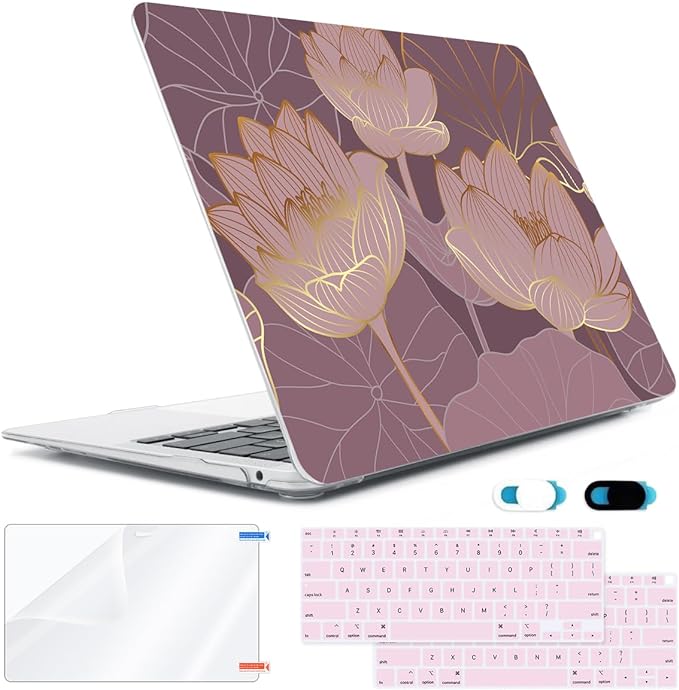 for MacBook Air 13 inch Case 2021 2020 2019 2018 A2337 M1 A2179 A1932, Plastic Hard Shell Case&Keyboard Cover&Screen Protector&Webcam Cover Compatible with MacBook Air 13" Retina, Lotus