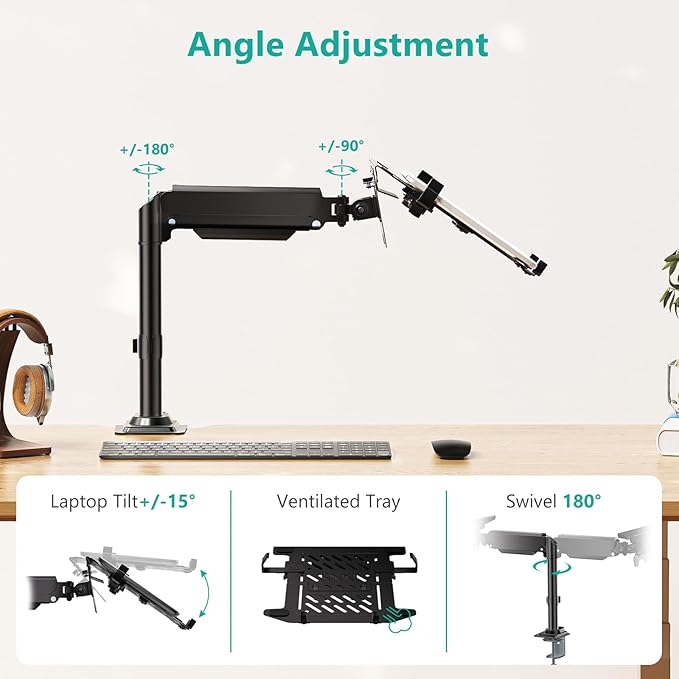 WALI Laptop Tray Desk Mount, Laptop Arm Mount Fits 10-15.6 Inch Notebook, 2-in-1 Gas Spring Monitor Arm for 17-32 Inch Computer Screen, Holds up to 22lbs(GSDM00LP), Black