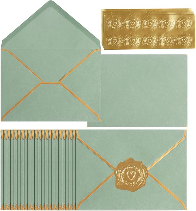 100 Pack A7 Envelopes 5 x 7 Card Envelopes V Flap with Gold Border for Office, Wedding Gift Cards, Invitations, Graduation, Baby Shower, Parties (Sage-Green, 5.32 x 7.28 Inches)