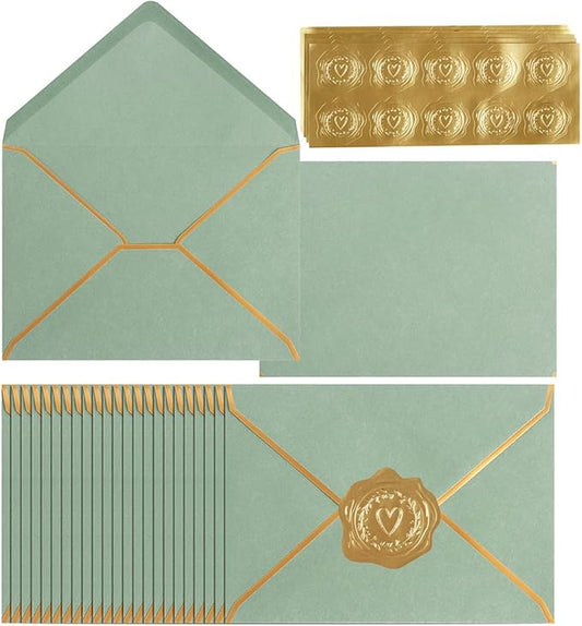 100 Pack A7 Envelopes 5 x 7 Card Envelopes V Flap with Gold Border for Office, Wedding Gift Cards, Invitations, Graduation, Baby Shower, Parties (Sage-Green, 5.32 x 7.28 Inches)