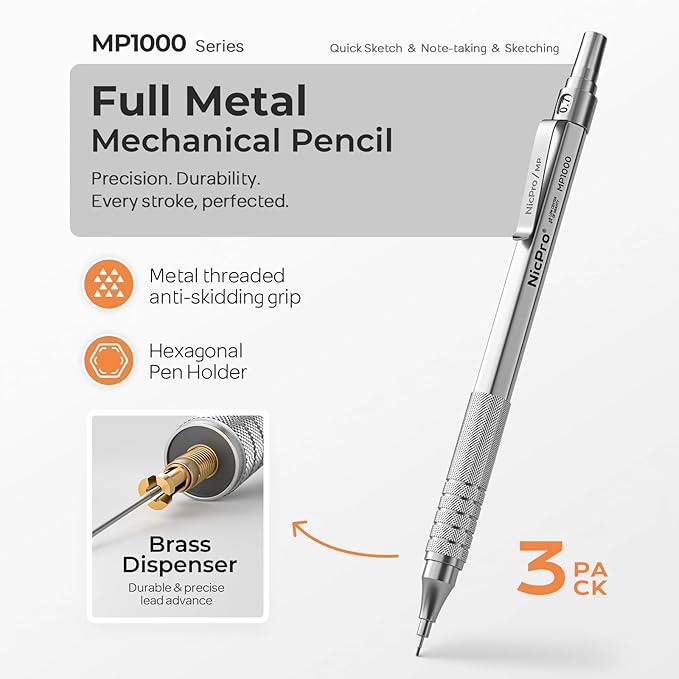 Nicpro 0.7 Metal Mechanical Pencil Set with Case, 3PCS MP1000 0.7mm Artist Lead Pencil With 8 Tube HB Refills, 3 Erasers, 9 Eraser Refill For Architect Art Drafting Drawing Engineering, Sketching
