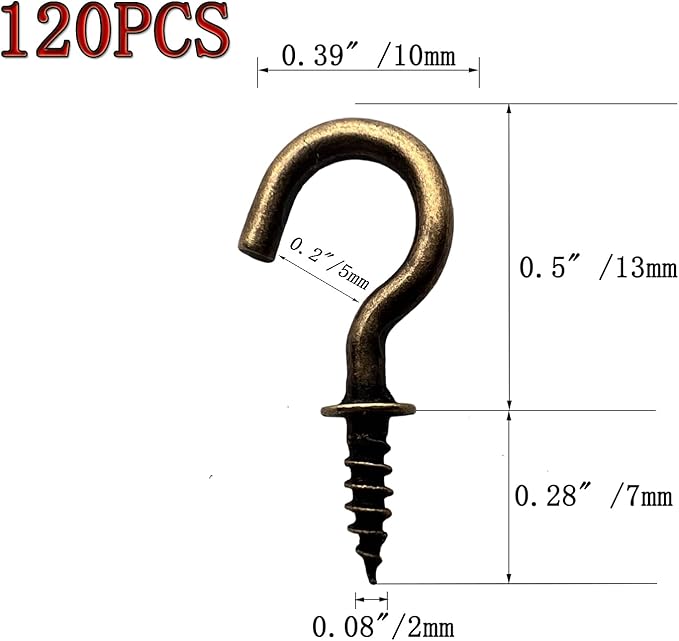 120 Pcs 1/2 Inch Screw-in Hooks Nickel Plated Metal Cup Hooks, Ceiling Hooks Bronze