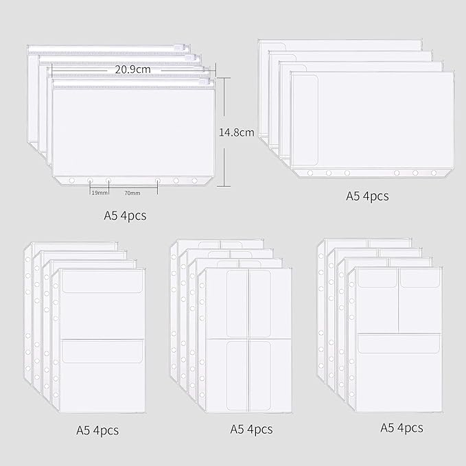 Binder Pockets, 20pcs A5 Size 6 Holes Binder Pockets, [Waterproof PVC Pouch] Premium Clear Binder Zipper Folders Document Filing Bags for 6-Ring Notebook Binder Loose Leaf Bags,-Clear