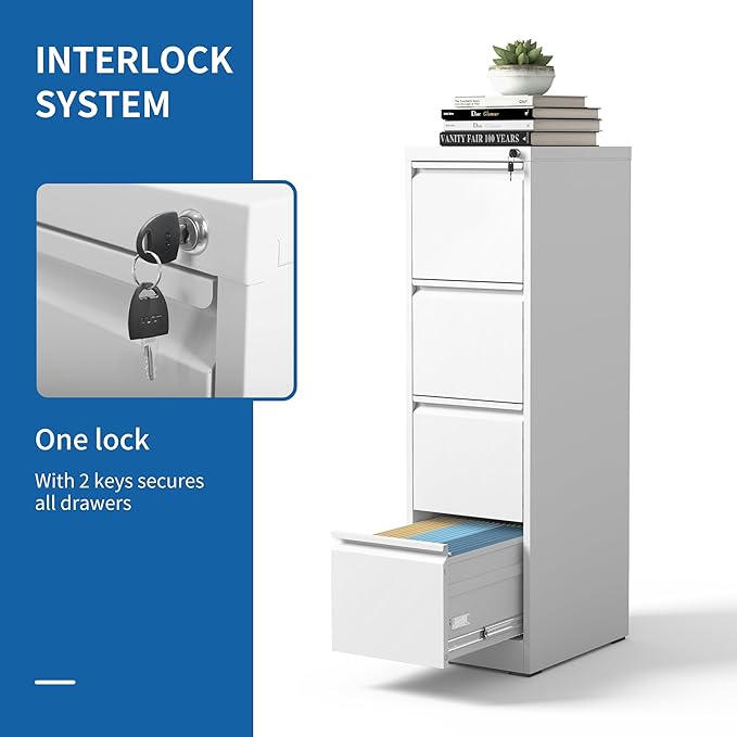 4 Drawer File Cabinet with Lock, Vertical Filing Cabinets for Home Office, Locking File Cabinet Hanging Files for A4/ Legal/Letter, Require Assembly, White