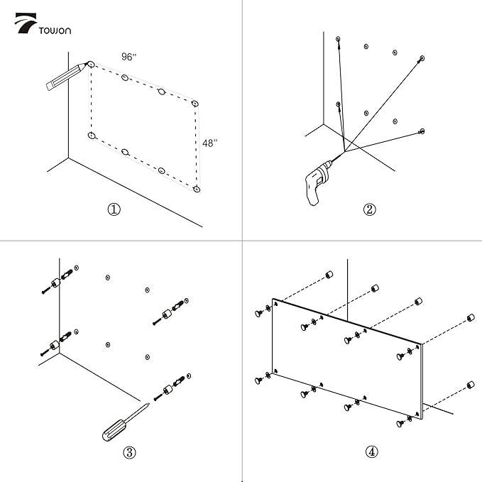 TOWON 8 x 4ft Glass Whiteboard Wall, Black Magnetic White Board Dry Erase 96 x 48 in, Big Glass Dry Erase Board with Multi-Color Markers, Strong Magnets, Pen Tray and Eraser, Frameless