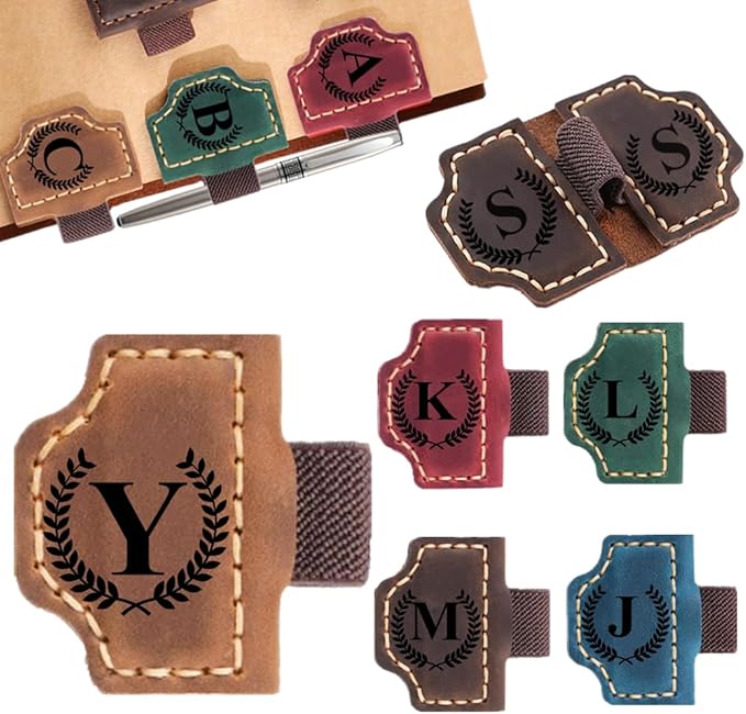 Custom Bookmark with Pen Holder with 26 Letters Personalized Magnetic Leather Book Mark, Customized Name Book Marker Clip with Initial for Men Women, Gifts for Book Lovers, Readers, (Brown, Y)