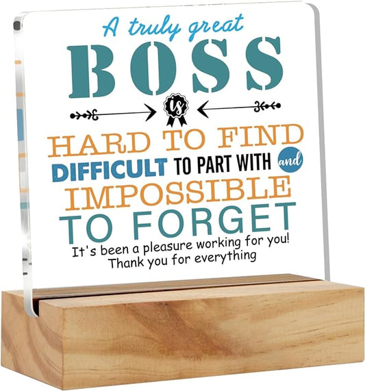 Appreciation Boss Gifts for Men & Women - Acrylic Desk Plaque Sign with Wood Stand - Boss Day, Leaving, Retirement Keepsake