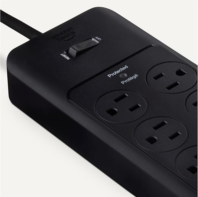 Amazon Basics Surge Protector Power Strip, 12-Outlet, 4000 Joules, 8ft Extension Cord, Rectangle, for Home, Office, Gaming Room, Black