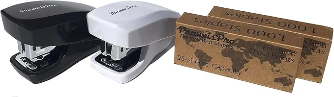 Aria Premium Mini Stapler Set - with Built-in Staple Removers, 2000 Standard Staples Included - for Office, School, and Travel, Set of 2, Black & White