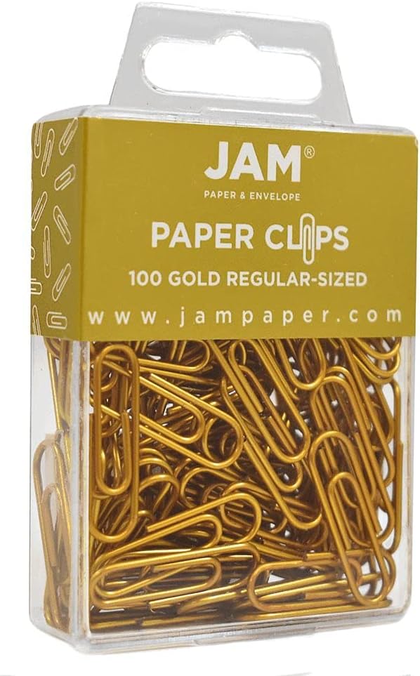 JAM PAPER Colored Standard Paper Clips - Regular 1 Inch - Gold Paperclips - 100/pack