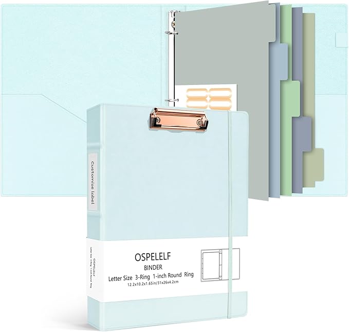 Ospelelf 3 Ring Binder 1 Inch Vintage Hardcover, Leather Organizer for Letter Size, Professional Clipboard with Dividers and Tabs, Blue