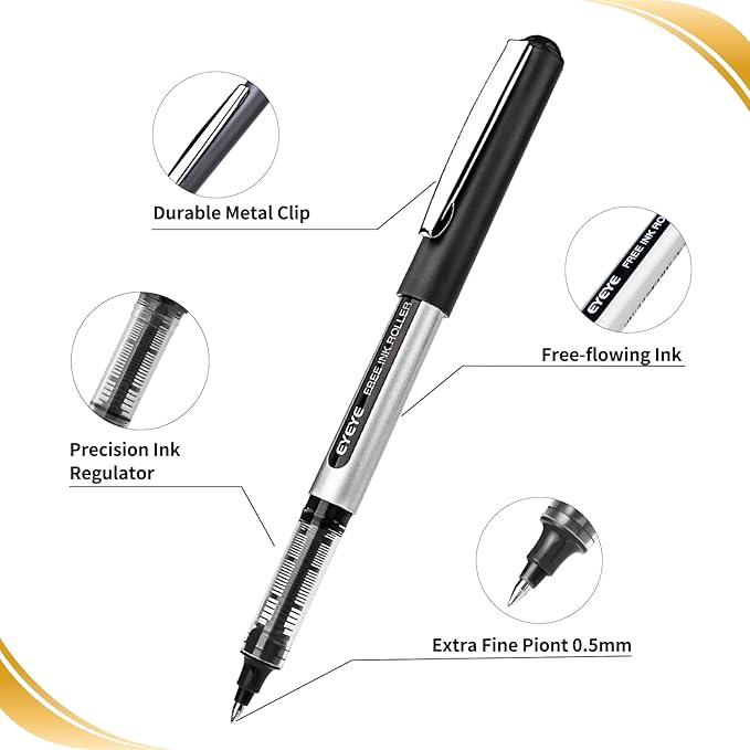 EYEYE Rollerball Pens Black 0.5mm, 8 Pack Extra Fine Point Quick Dry, Liquid Ink Pens Fine Point Smooth Writing Pen for Journaling, Note Taking, Office, School Supplies
