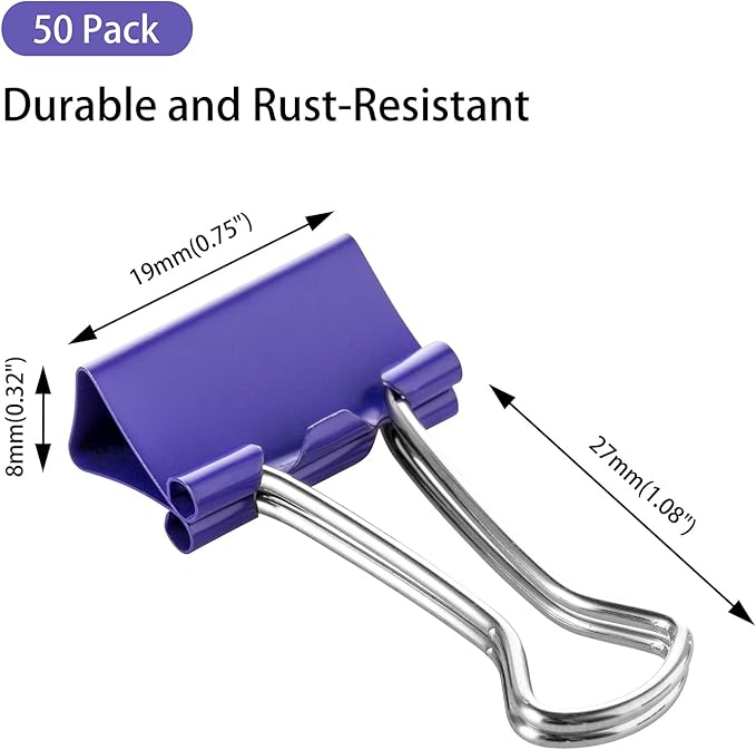 Small Purple Binder Clips, 3/4 Inch (19mm), 50 Pack Mini Clips