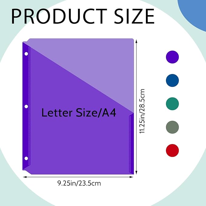 Maitys 50 Pack Binder Pockets 3 Hole Punch Clear Plastic Document Folders Binder Organizer Store Letter Size 8.5x11 Inch Paper Folders with Pockets Slash File Jacket for Office (Dark Color)