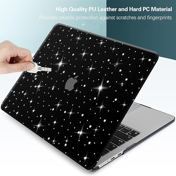 KEROM Glitter Case for MacBook Air 13 inch 2025-2022 M4 M3 M2 A3240 A3113 A2681, Luxury Bedazzled Shiny Bling Sparkle Textured PU Leather Hard Shell & Keyboard Cover for Mac Air 13.6 inch Case, Black