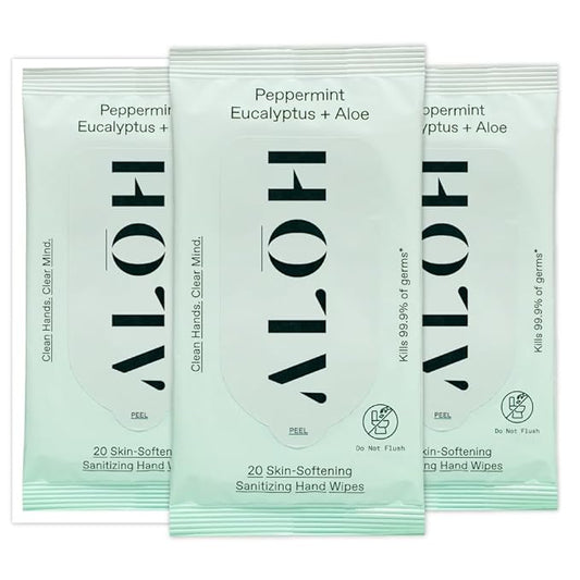 ALŌH Peppermint Eucalyptus + Aloe Sanitizing Hand Wipes - Clean Hands, Clear Mind On The Go Sanitizer for Kids and Adults - Travel Size 3 Pack 20ct Wipes (60 Wipes)