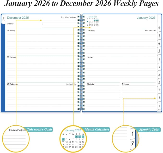 2026 Planner - Planner 2026 from January 2026 to December 2026 with 12 Monthly Tabs, Flexible Cover, Inner Pocket, 8.5" x 11", Blue