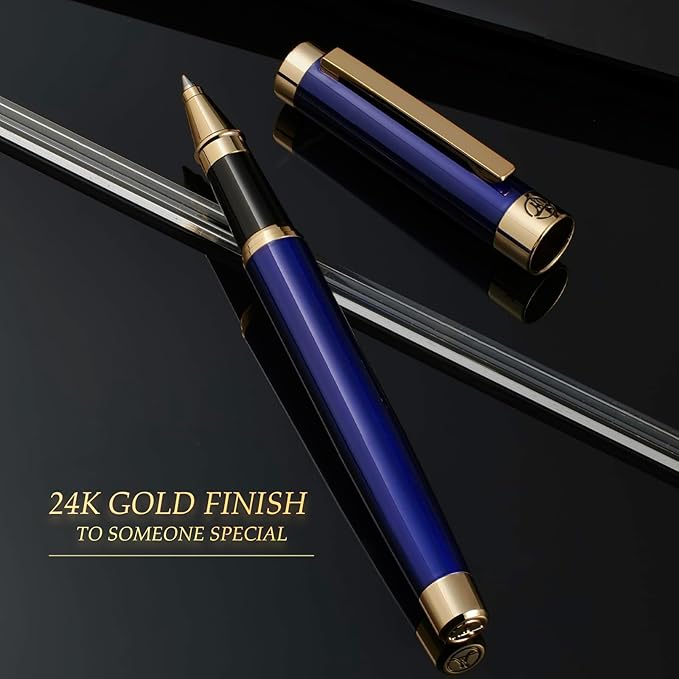 Luxury Rollerball Pen - Stunning Blue Lacquer Pen, 24K Gold Finish, Schmidt Black Refill, Best Pen Gift Set for Men & Women, Office, Professional, Executive, Office, Nice Fancy Designer Pens