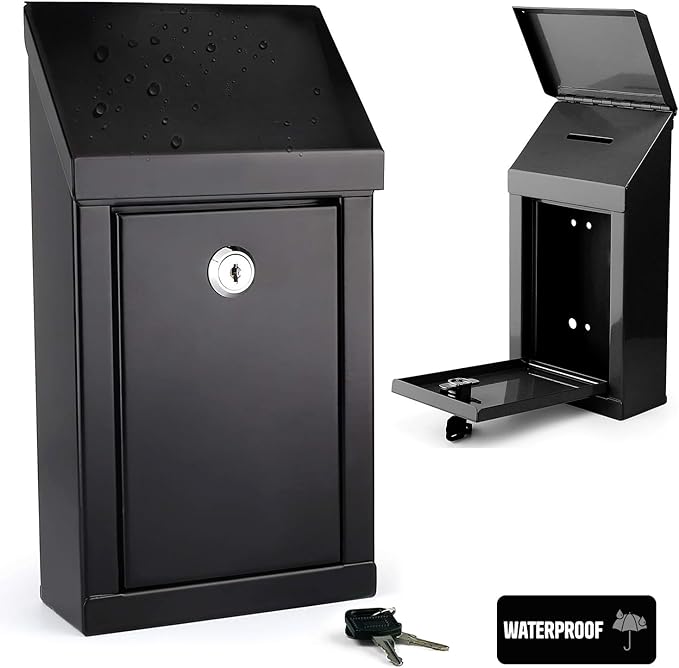 Metal Donation Box-Suggestion Box with Slot and lock-Cash Lock box for Money-Waterproof Drop Box-Comment and ballot voting box-comes with pre-drilled holes for easy wall mounting 10x6x2.5"(Black)