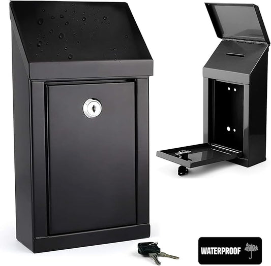 Metal Donation Box-Suggestion Box with Slot and lock-Cash Lock box for Money-Waterproof Drop Box-Comment and ballot voting box-comes with pre-drilled holes for easy wall mounting 10x6x2.5"(Black)