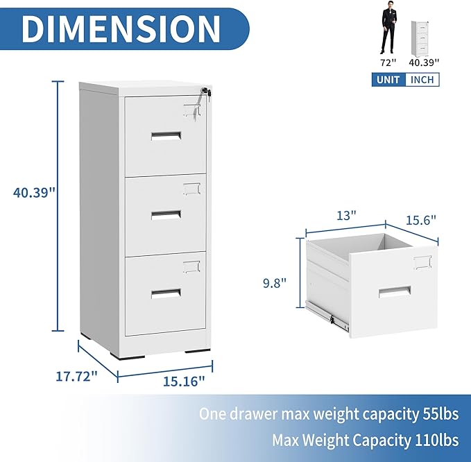 3 Drawer File Cabinets with Lock, White Vertical Filing Cabinet for Home Office, Heavy Duty Metal Storage Cabinets Office Steel Cabinet for Letter Legal Size Files, Assembly Required