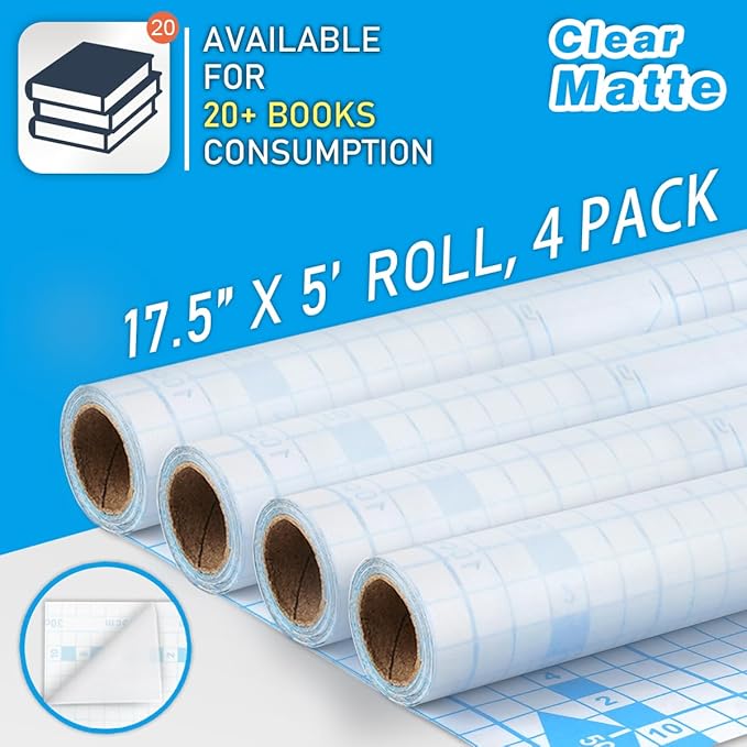 Chell 4 Pack Matte Clear Contact Paper Roll for Books, Crafts and Countertops, Self Adhesive Book Cover, 17.5 in x 5 ft