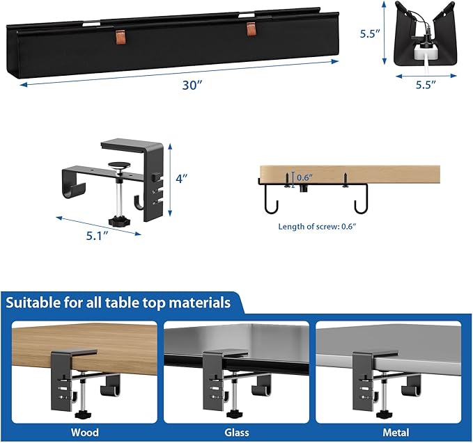 Zilink No Drill Under Desk Cable Management Tray 30" Cord Organizer for Table Clamp/Screw Mount Desk Cable Management Sturdy Waterproof Fabric Cord Hiders for Office, Home