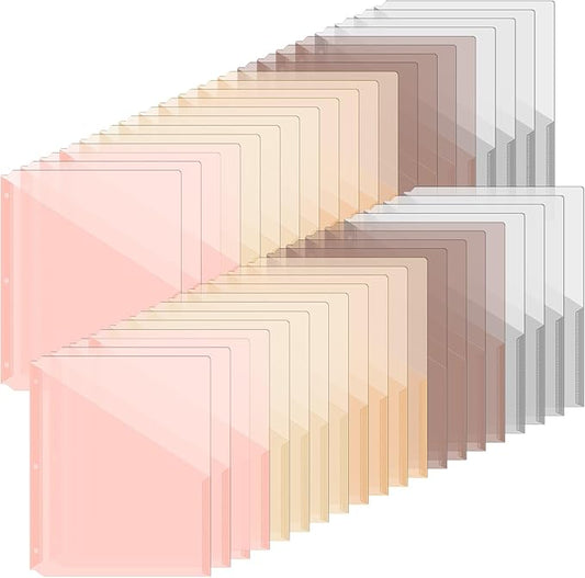 Maitys 50 Pack Binder Pockets 3 Hole Punch Clear Plastic Document Folders Binder Organizer Store Letter Size 8.5x11 Inch Paper Folders with Pockets Slash File Jacket for Office (Vintage Color)