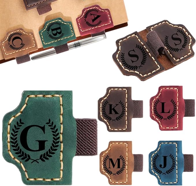 Custom Bookmark with Pen Holder with 26 Letters Personalized Magnetic Leather Book Mark, Customized Name Book Marker Clip with Initial for Men Women, Gifts for Book Lovers, Readers, (Green, Q)