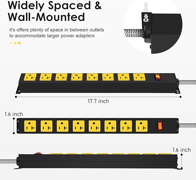 20Amp Power Strip Surge Protector, Durable Metal 8-Outlets with Heavy Duty 20 amp 10Ft 12 Gauge Extension Cord for Garage Workshop & Industrial Use, 1200J
