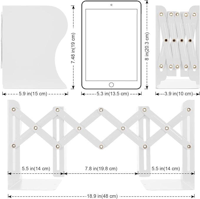 OMEYA 2PCS Adjustable Metal Bookends, Heavy Duty, 2 Dividers, Nonslip, Extends up to 19 inches (White)