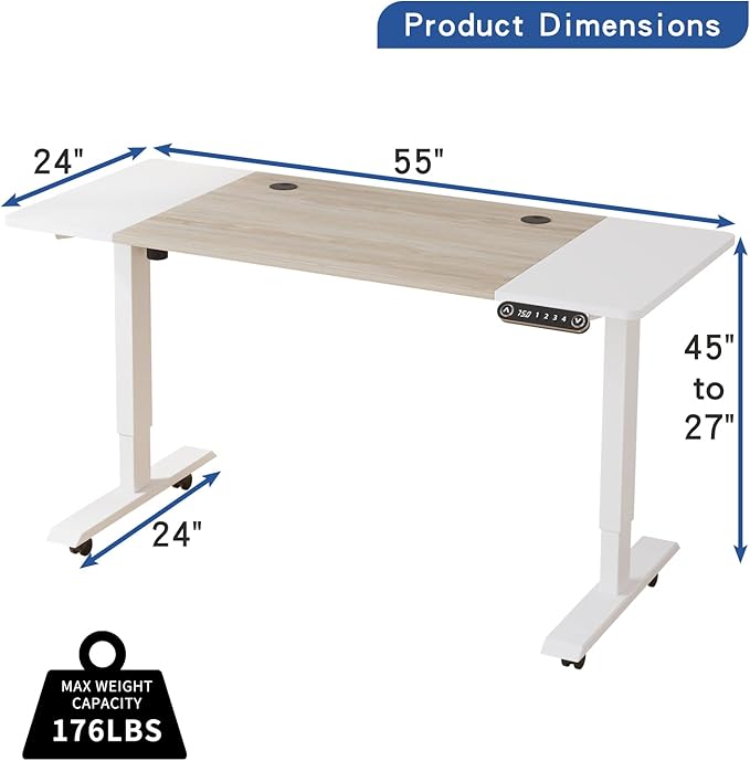Electric Height Adjustable Standing Desk, 55 x 24 inches Sit - Stand Desk for Work or Home Office Push Button Memory Settings Oak+White Splice Board/White Frame